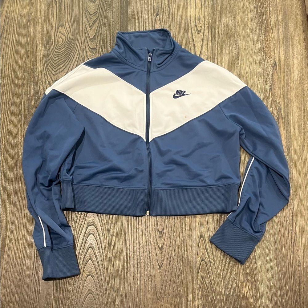 Nike Cropped Track Jacket Heritage Logo Zip Up Colorblock Blue White Size Large